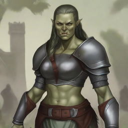 A detailed illustration of a half-orc female warrior who has more human-like features