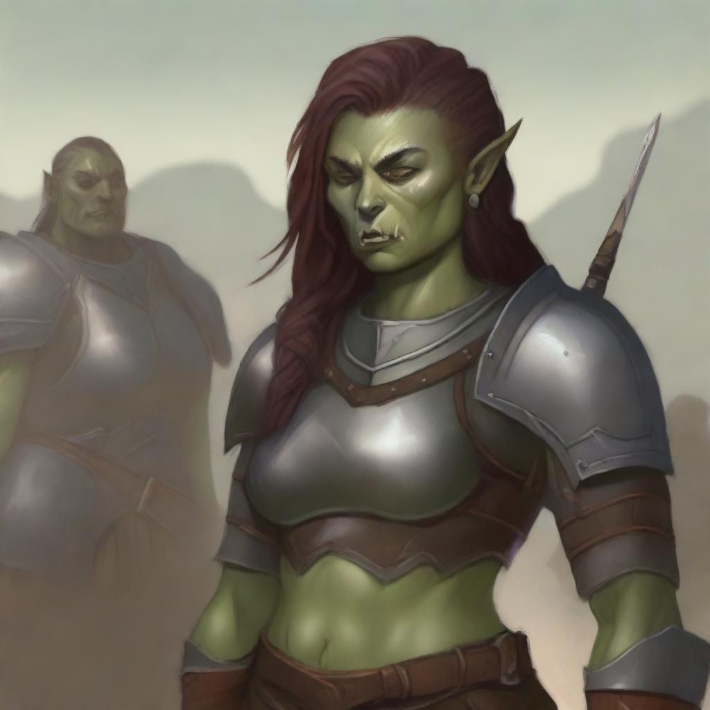 A detailed illustration of a half-orc female warrior who has more human-like features and an alluring appearance