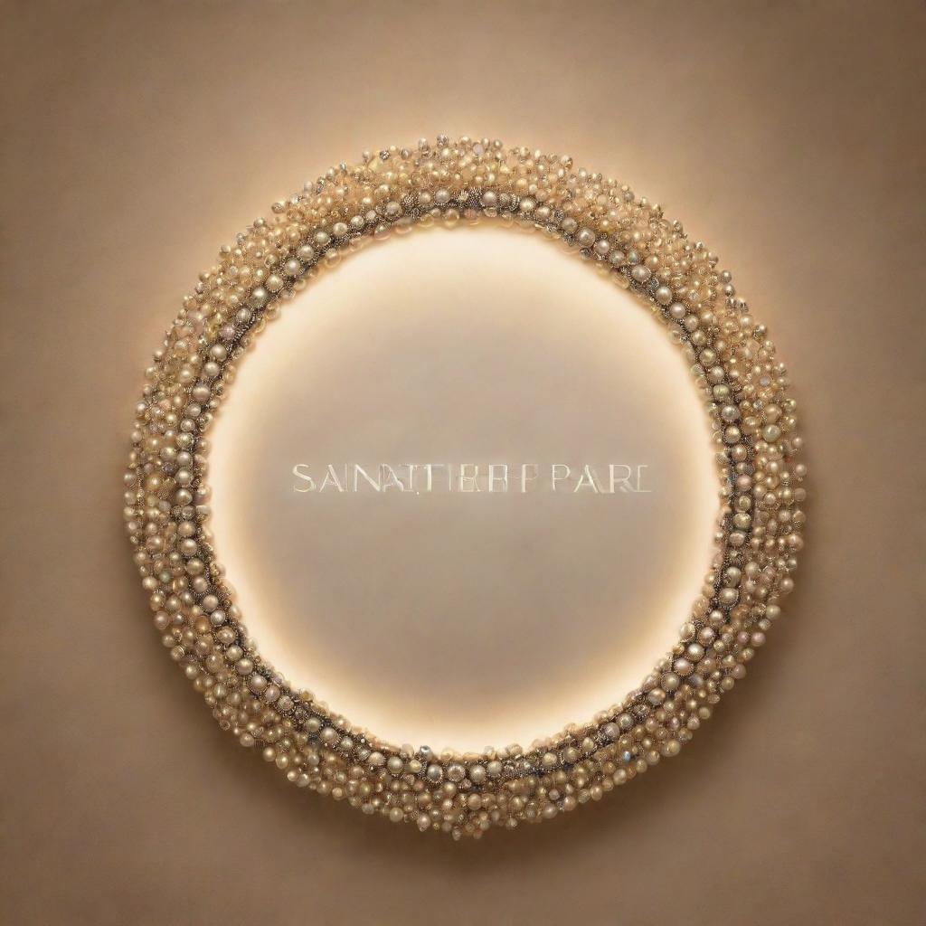 Elegant sign reading 'Sainath Pearls World' adorned with lustrous pearls, set against an aesthetically pleasing background enveloped by soft, ambient light.