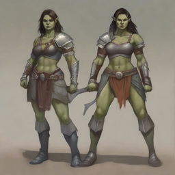 A detailed illustration of a half-orc female warrior who has more human-like features and an alluring appearance