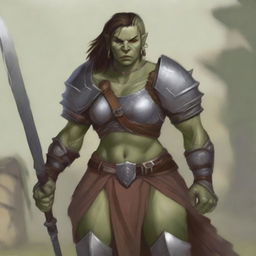 A detailed illustration of a half-orc female warrior who has more human-like features and an alluring appearance