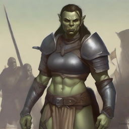 A detailed illustration of a half-orc female warrior who has more human-like features and an alluring appearance