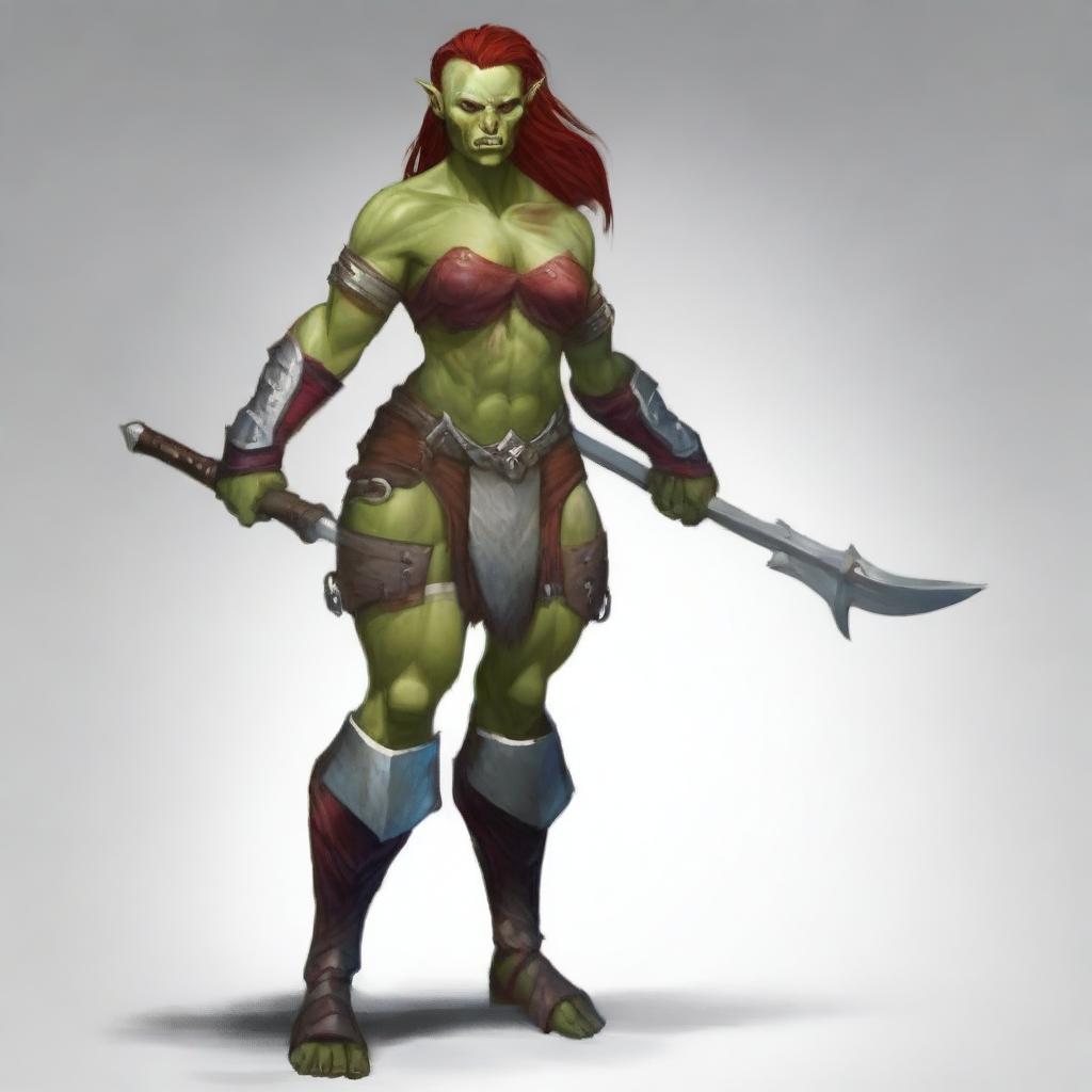 A fierce yet alluring half-orc female warrior who appears more human-like, with a red skin tone