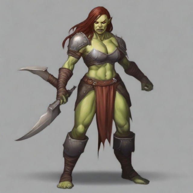 A fierce yet alluring half-orc female warrior who appears more human-like, with a red skin tone