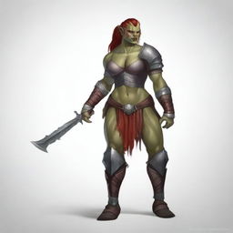 A fierce yet alluring half-orc female warrior who appears more human-like, with a red skin tone