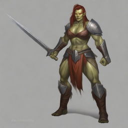 A fierce yet alluring half-orc female warrior who appears more human-like, with a red skin tone