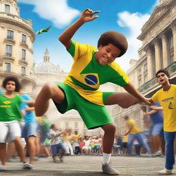 A teenage boy from the hills of Rio de Janeiro, wearing a Brazil shirt, is breakdancing with his legs in the air and his head on the ground