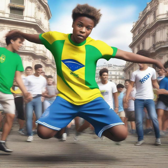 A teenage boy from the hills of Rio de Janeiro, wearing a Brazil shirt, is breakdancing with his legs in the air and his head on the ground