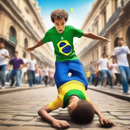 A teenage boy from the hills of Rio de Janeiro, wearing a Brazil shirt, is breakdancing with his legs in the air and his head on the ground