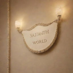 Elegant sign reading 'Sainath Pearls World' adorned with lustrous pearls, set against an aesthetically pleasing background enveloped by soft, ambient light.