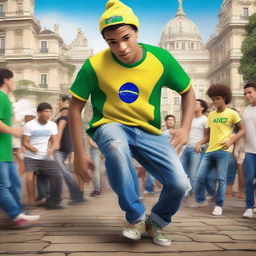 A teenage boy from the hills of Rio de Janeiro, wearing a Brazil shirt, is breakdancing with his legs in the air and his head on the ground