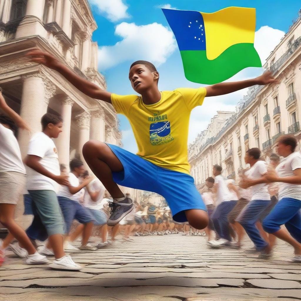 A teenage boy from the hills of Rio de Janeiro, wearing a Brazil shirt, is breakdancing with his legs in the air, head on the ground, and arms outstretched