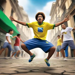 A teenage boy from the hills of Rio de Janeiro, wearing a Brazil shirt, is breakdancing with his legs in the air, head on the ground, and arms outstretched