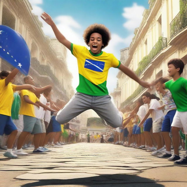 A teenage boy from the hills of Rio de Janeiro, wearing a Brazil shirt, is breakdancing with his legs in the air, head on the ground, and arms outstretched