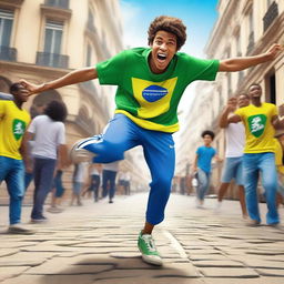 A teenage boy from the hills of Rio de Janeiro, wearing a Brazil shirt, is breakdancing with his legs in the air, head on the ground, and arms outstretched