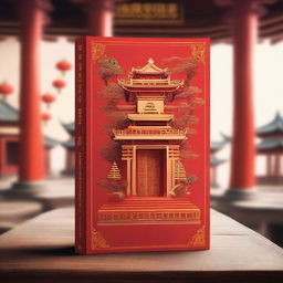 A beautifully illustrated book resting on an ancient wooden table inside a traditional Chinese temple