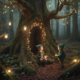 A magical story unfolding in an enchanted forest. A small elf guiding a lost human child, meeting singsong birds, talking animals and wise old trees, discovering glowing fairy lights, secret passages and mystical artifacts.