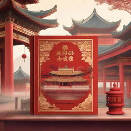 A beautifully illustrated book resting on an ancient wooden table inside a traditional Chinese temple