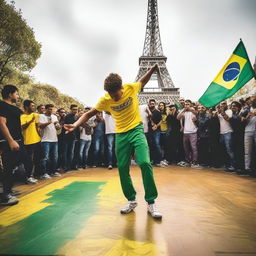 A breakdancing competition in Paris featuring a Brazilian boy in the spotlight