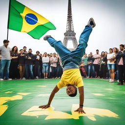 A breakdancing competition in Paris featuring a Brazilian boy in the spotlight