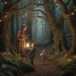 A magical story unfolding in an enchanted forest. A small elf guiding a lost human child, meeting singsong birds, talking animals and wise old trees, discovering glowing fairy lights, secret passages and mystical artifacts.