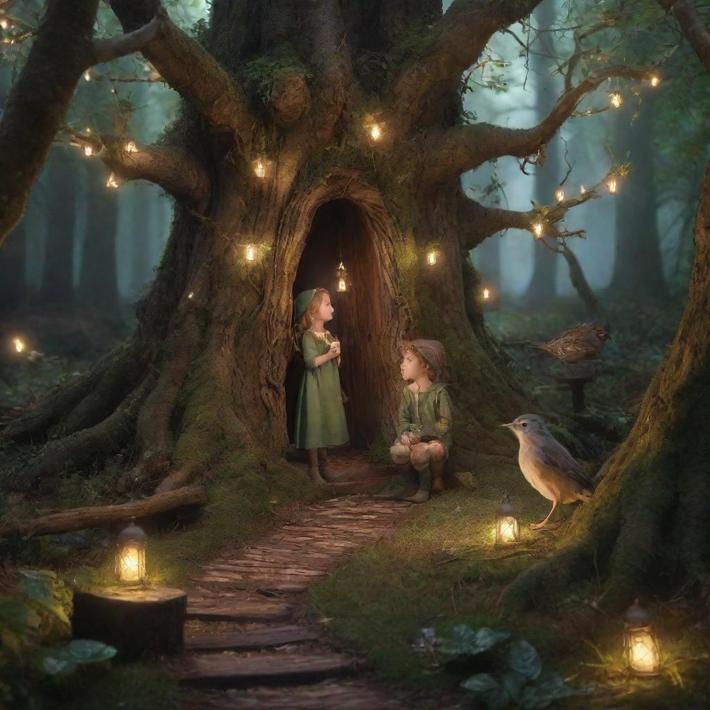 A magical story unfolding in an enchanted forest. A small elf guiding a lost human child, meeting singsong birds, talking animals and wise old trees, discovering glowing fairy lights, secret passages and mystical artifacts.