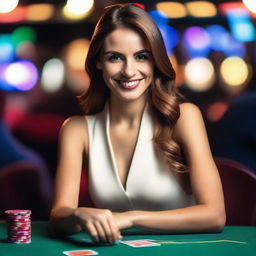 A beautiful woman enjoying her time at a casino, playing cards at a poker table