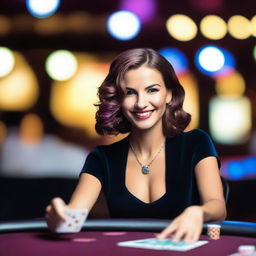 A beautiful woman enjoying her time at a casino, playing cards at a poker table