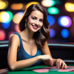 A beautiful woman enjoying her time at a casino, playing cards at a poker table