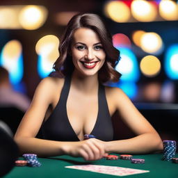 A beautiful woman enjoying her time at a casino, playing cards at a poker table