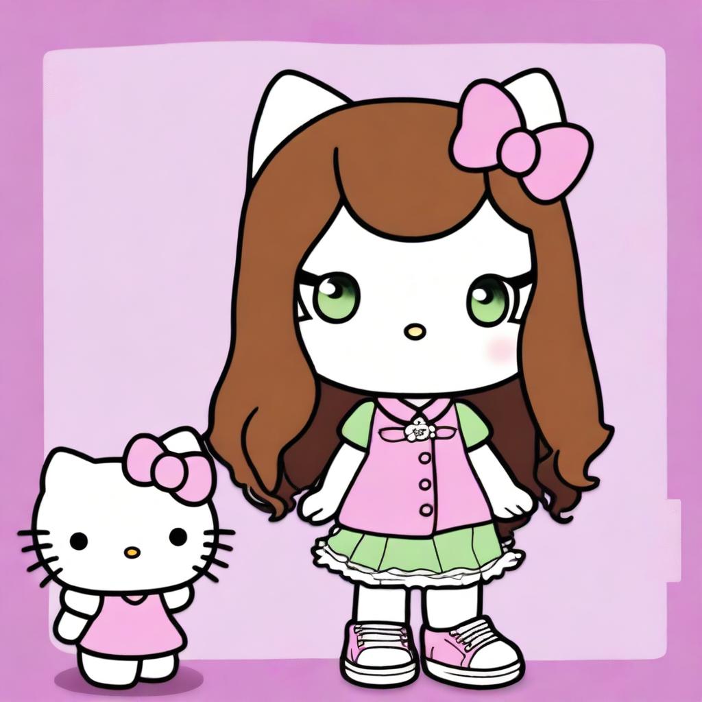 Draw Hello Kitty with wavy brown hair and pink tips