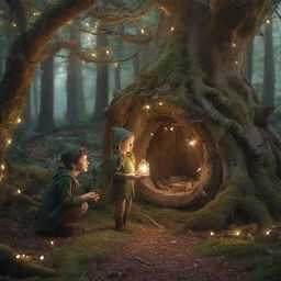 A magical story unfolding in an enchanted forest. A small elf guiding a lost human child, meeting singsong birds, talking animals and wise old trees, discovering glowing fairy lights, secret passages and mystical artifacts.