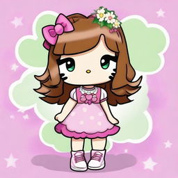 Draw Hello Kitty with wavy brown hair and pink tips