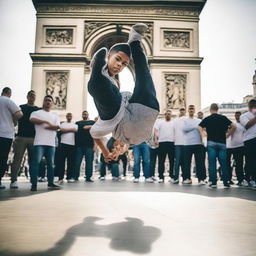 Create an image of a young man breakdancing in Paris during a competition, surrounded by a crowd of people