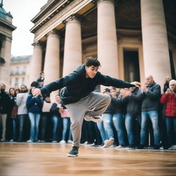 Create an image of a young man breakdancing in Paris during a competition, surrounded by a crowd of people