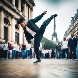 Create an image of a young man breakdancing in Paris during a competition, surrounded by a crowd of people