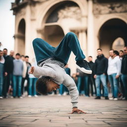 Create an image of a young man breakdancing in Paris during a competition, surrounded by a crowd of people