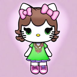 Draw Hello Kitty with curly brown hair and pink tips