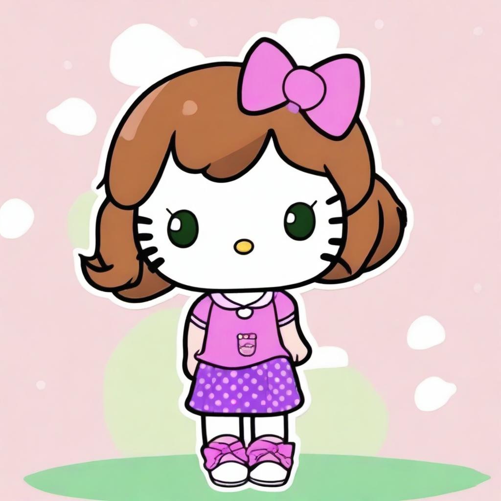 Draw Hello Kitty with curly brown hair and pink tips