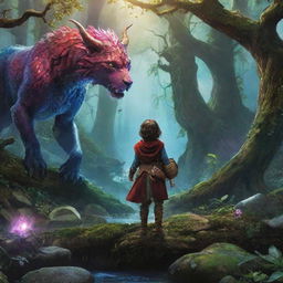 A magical journey unfold in a vibrant fantasy world. A young hero adventuring through enchanted landscapes, meeting mythical creatures, fighting menacing beasts, deciphering ancient riddles, and fulfilling a legendary prophecy.