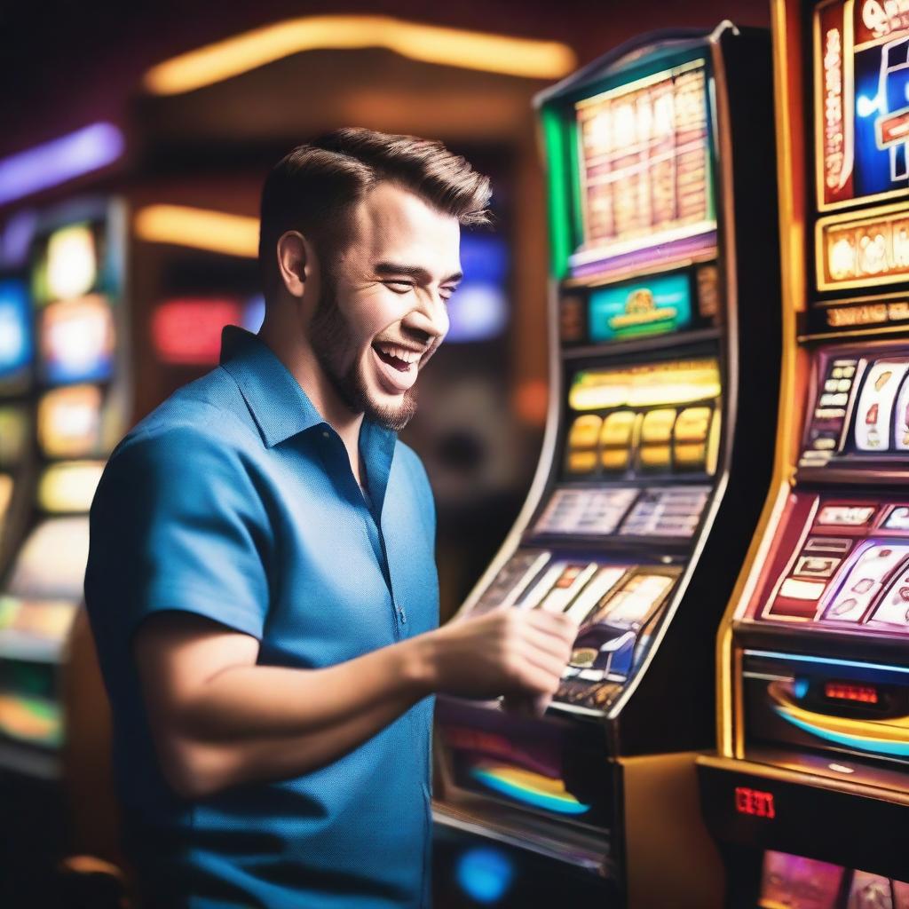 A person playing a slot machine in a lively casino