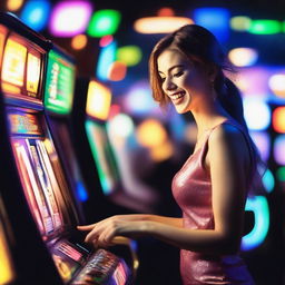 A person playing a slot machine in a lively casino