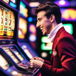 A person playing a slot machine in a lively casino