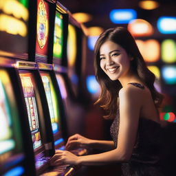 A person playing a slot machine in a lively casino