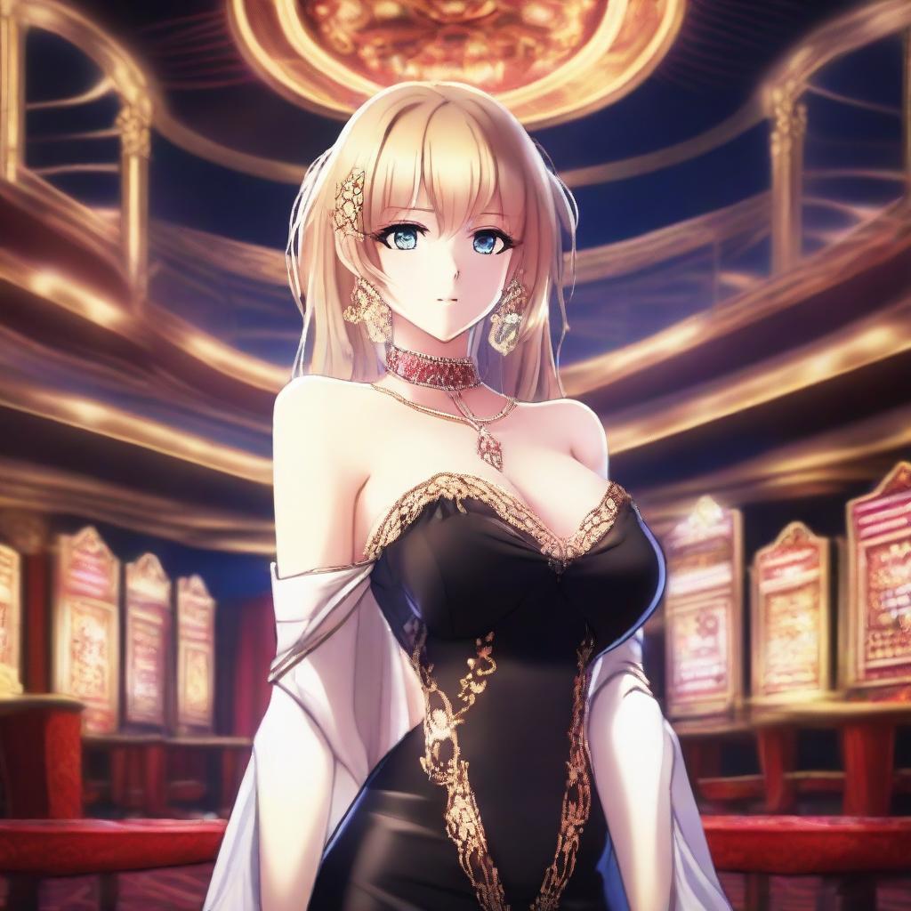 A stunning anime girl with captivating beauty standing in a luxurious casino