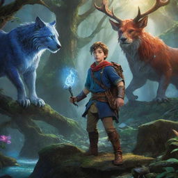 A magical journey unfold in a vibrant fantasy world. A young hero adventuring through enchanted landscapes, meeting mythical creatures, fighting menacing beasts, deciphering ancient riddles, and fulfilling a legendary prophecy.