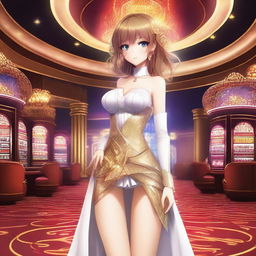 A stunning anime girl with captivating beauty standing in a luxurious casino