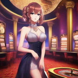 A stunning anime girl with captivating beauty standing in a luxurious casino