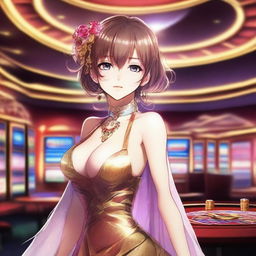 A stunning anime girl with captivating beauty standing in a luxurious casino