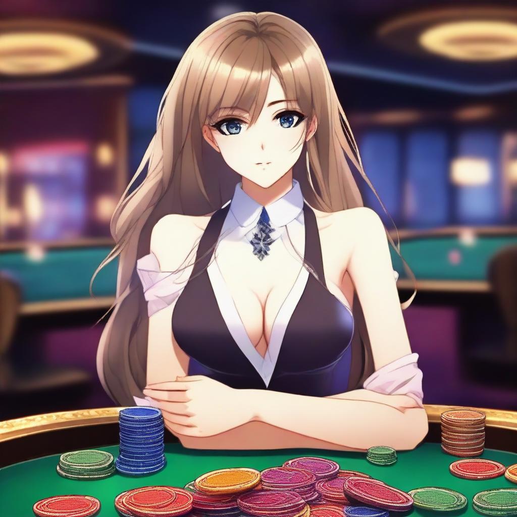 A beautiful anime girl with long flowing hair and captivating eyes, dressed in an elegant but slightly revealing outfit, playing at a casino table with poker chips and cards